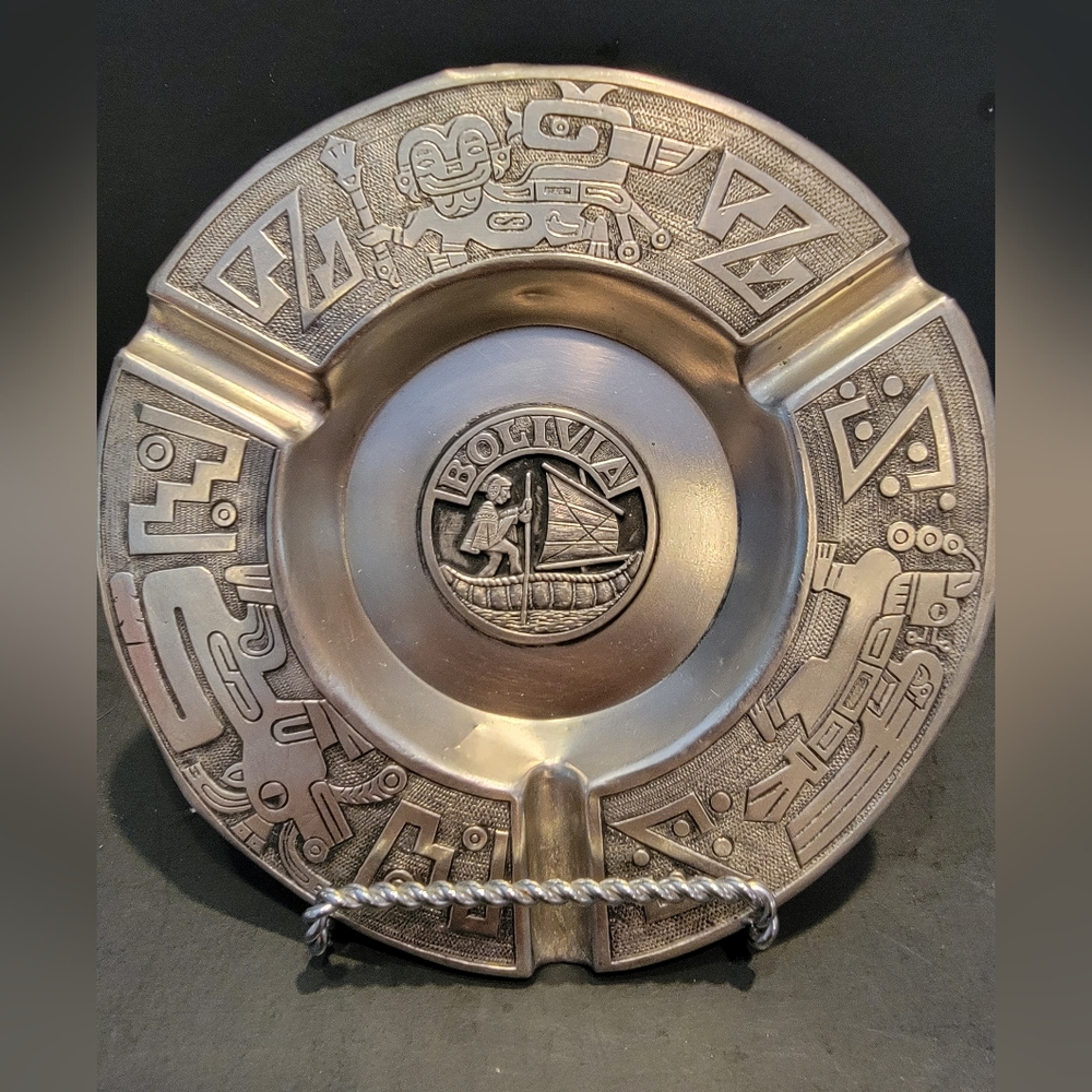 Souvenir Pewter ashtray/ trinket from Bolivia-Ancient Tiwanaku  motif